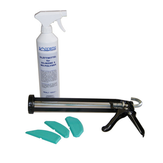 Glättmittel Set: 500ml, Skelettauspresspistole & 3 Winkel Fugenschablonen